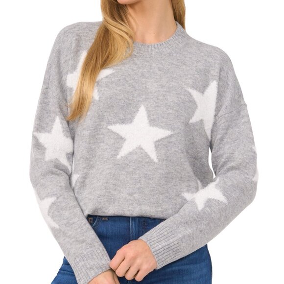CeCe Women's Star-Print Long-Sleeve Crewneck Sweater - Light Heather Grey - Picture 1 of 1